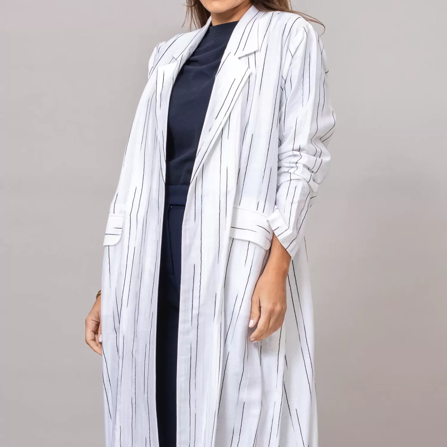 The Blazer Woven Striped Cotton Abaya with Pockets White