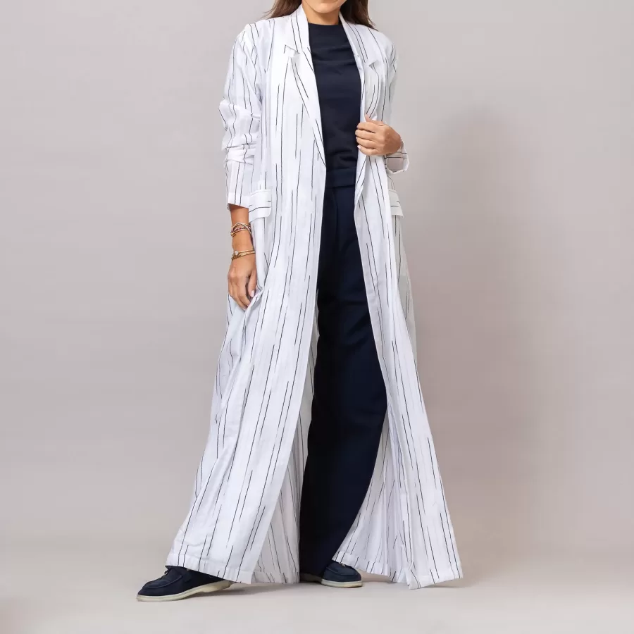 The Blazer Woven Striped Cotton Abaya with Pockets White