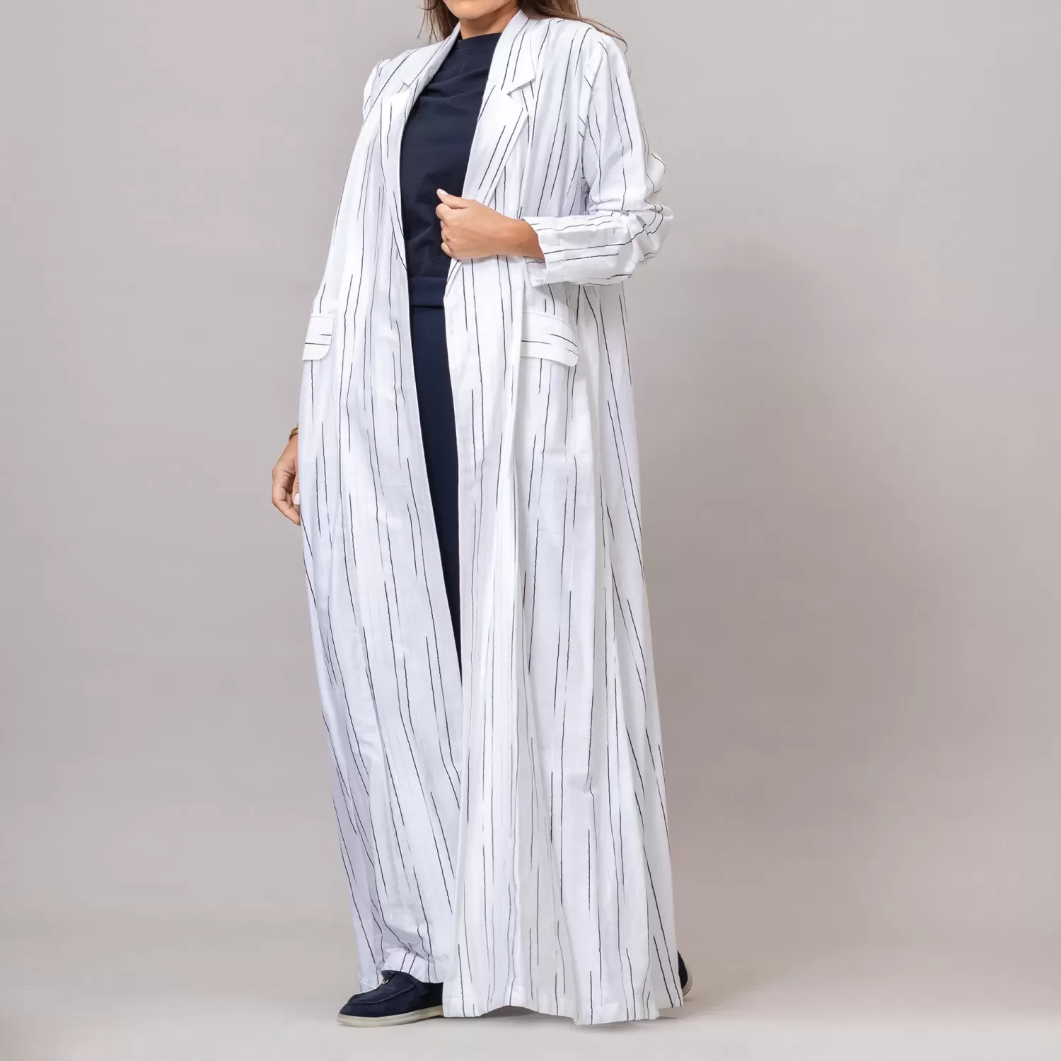 The Blazer Woven Striped Cotton Abaya with Pockets White