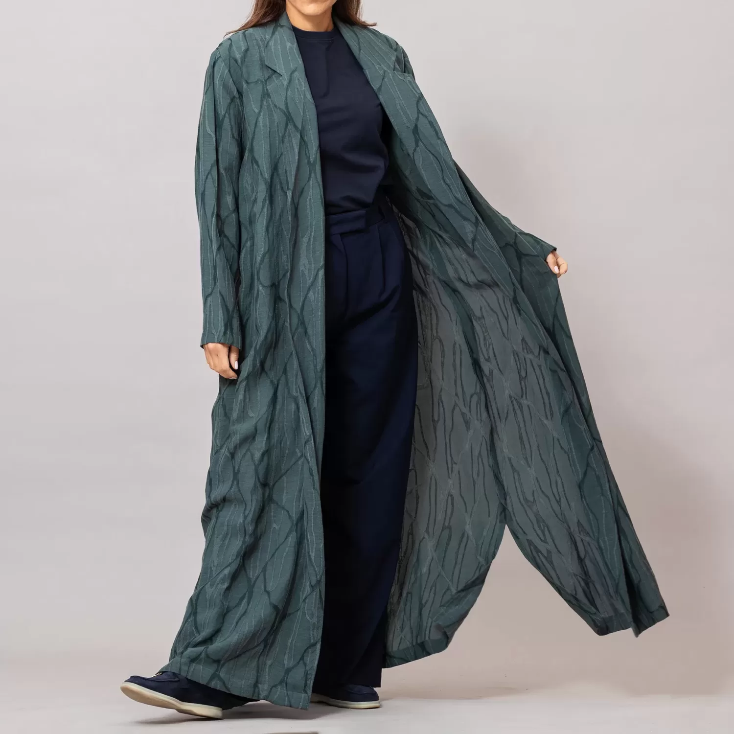 Reema Blazer Abaya Teal Self-Embroidered Linen