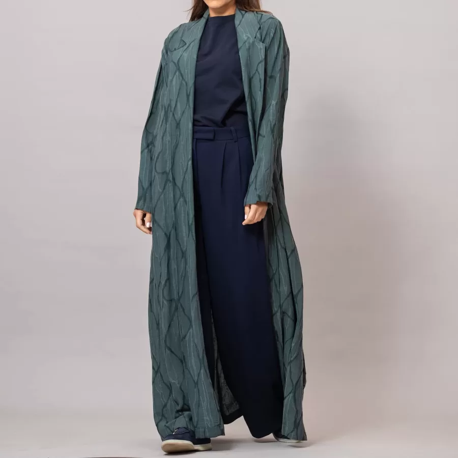 Reema Blazer Abaya Teal Self-Embroidered Linen