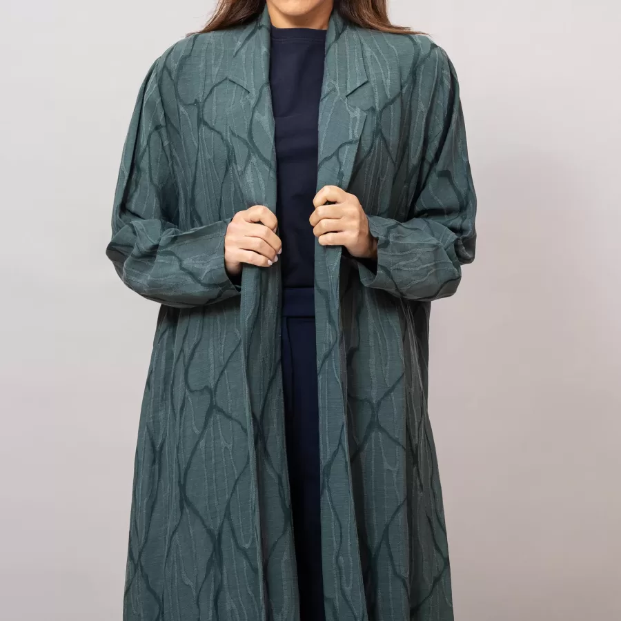 Reema Blazer Abaya Teal Self-Embroidered Linen