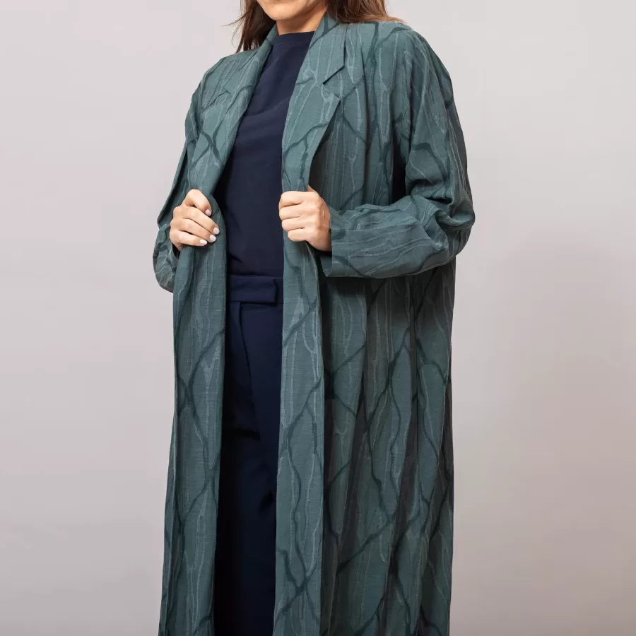 Reema Blazer Abaya Teal Self-Embroidered Linen