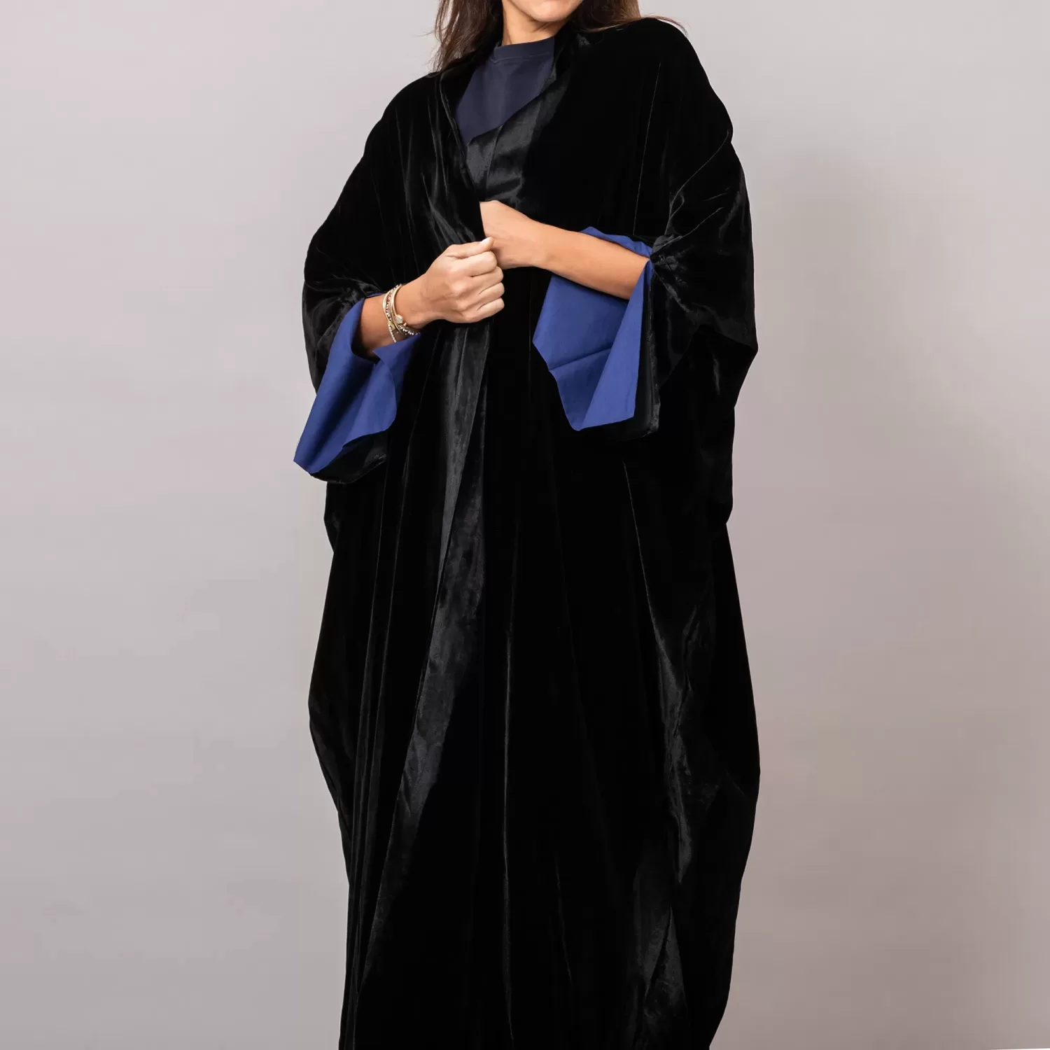 Velvet Black Amore Bisht Abaya with Lined Sleeves