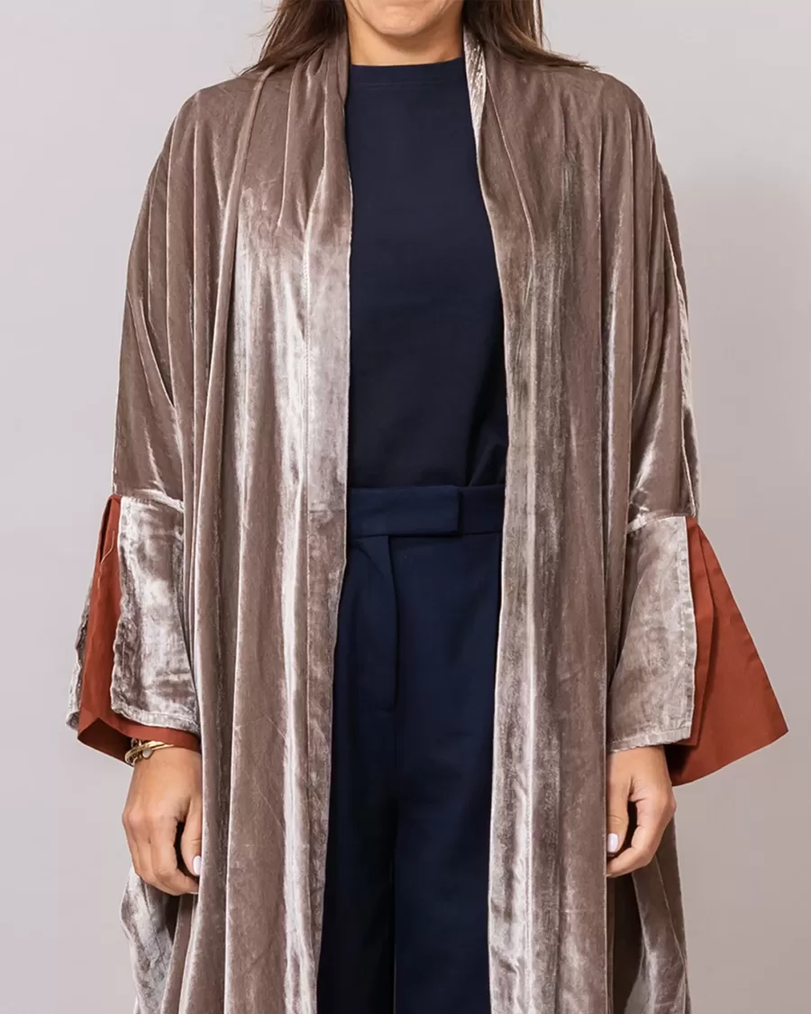 Velvet light Brown Amore Bisht Abaya with Lined Sleeves