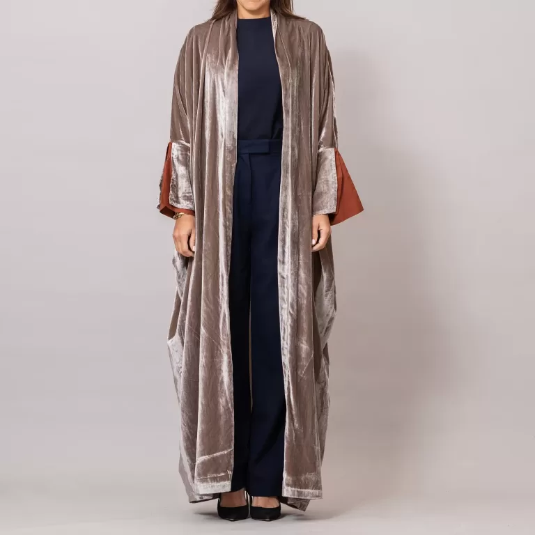 Velvet light Brown Amore Bisht Abaya with Lined Sleeves