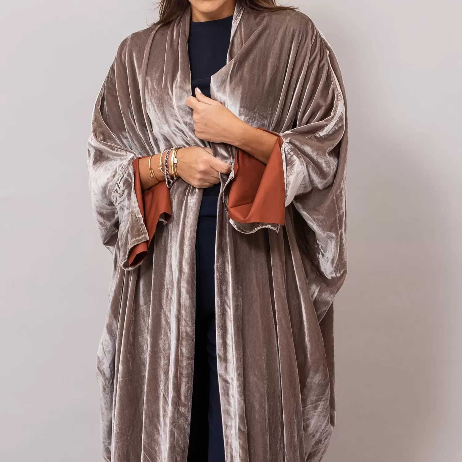 Velvet light Brown Amore Bisht Abaya with Lined Sleeves
