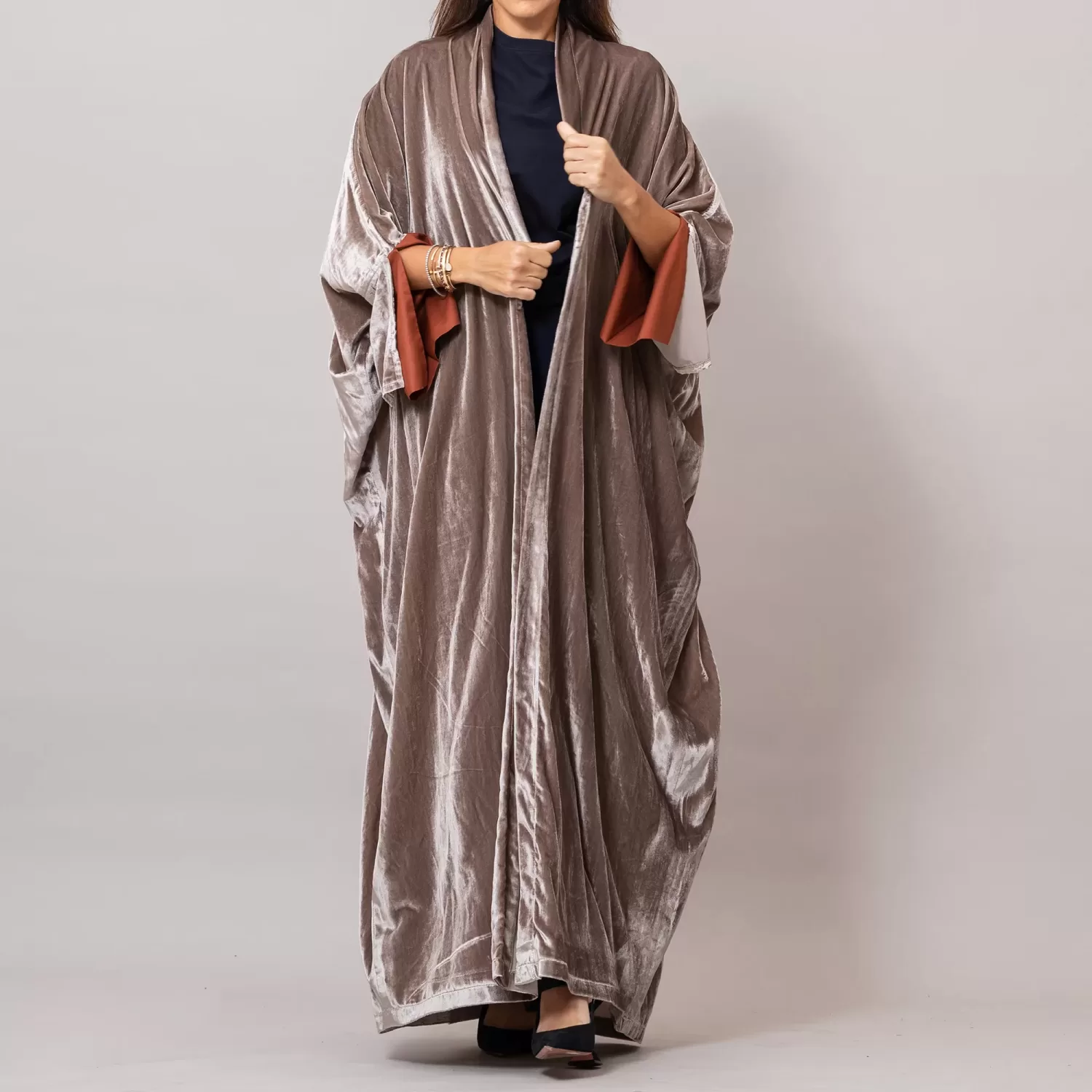 Velvet light Brown Amore Bisht Abaya with Lined Sleeves