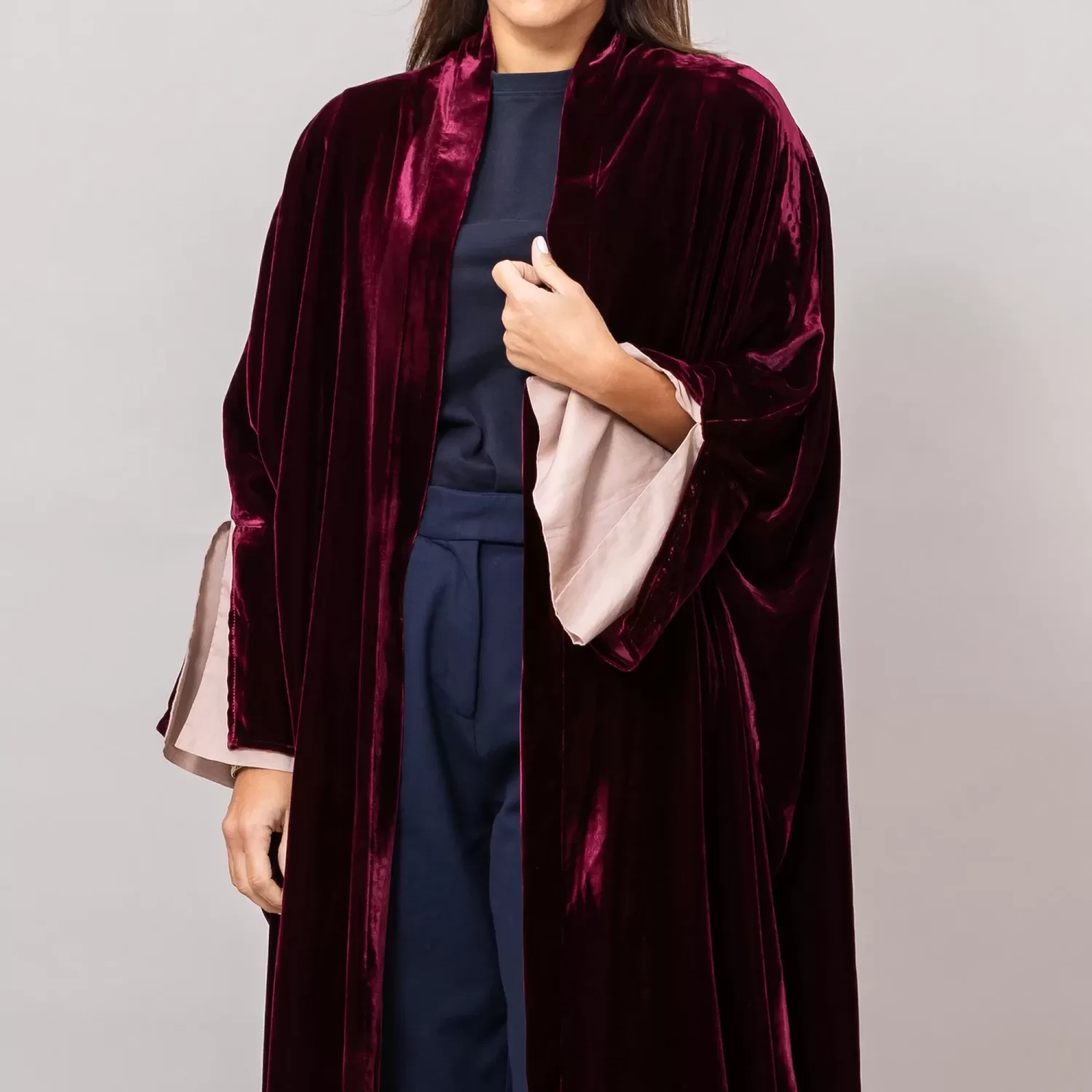 Velvet wine red Amore Bisht Abaya with Lined Sleeves