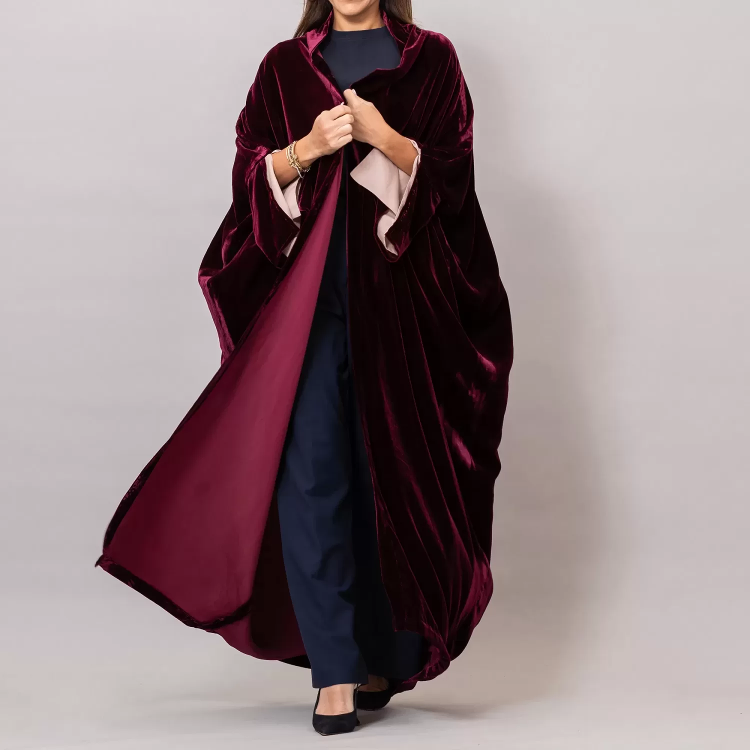 Velvet wine red Amore Bisht Abaya with Lined Sleeves