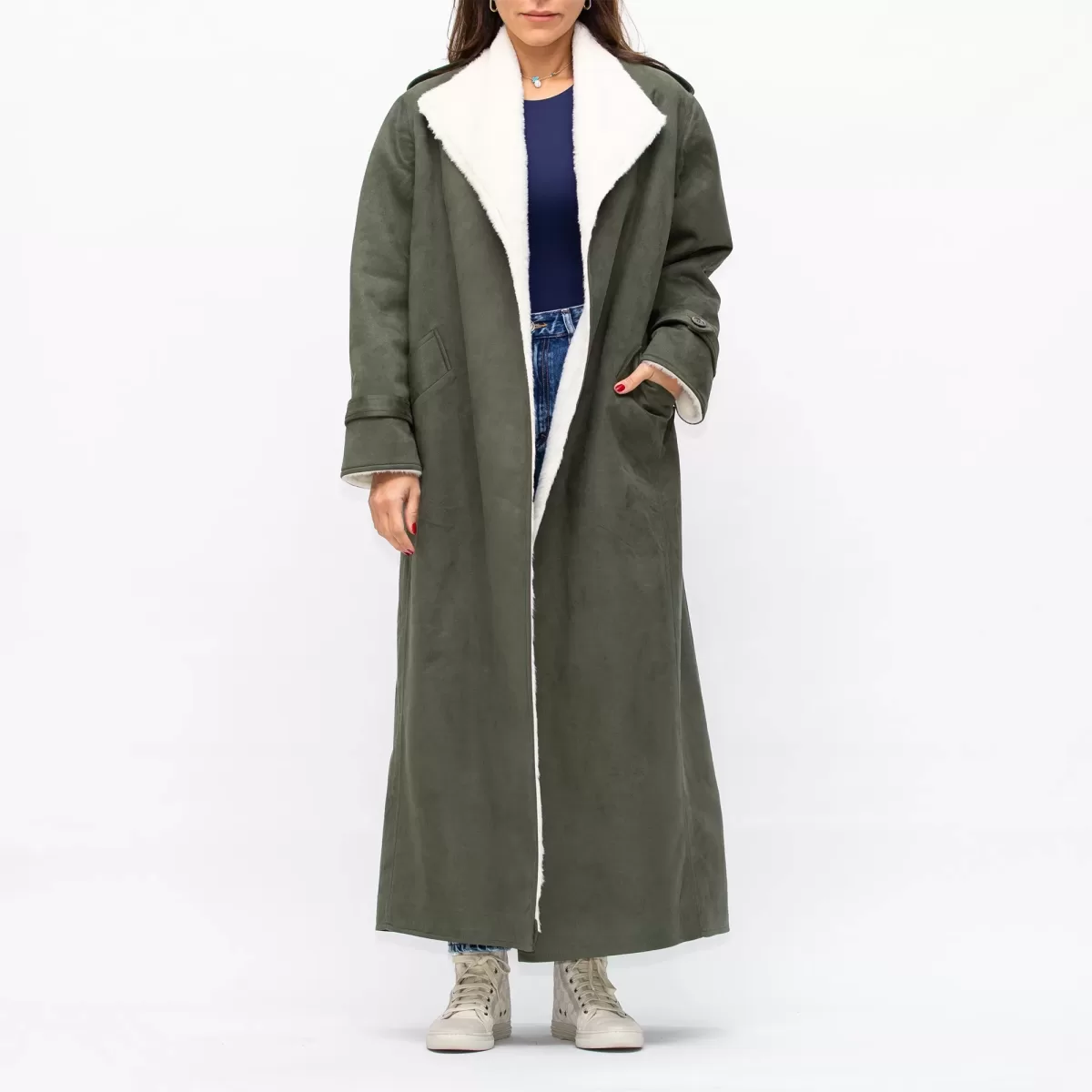 Basil Green Fur Coat Suede with Fur lining Belted Jacket