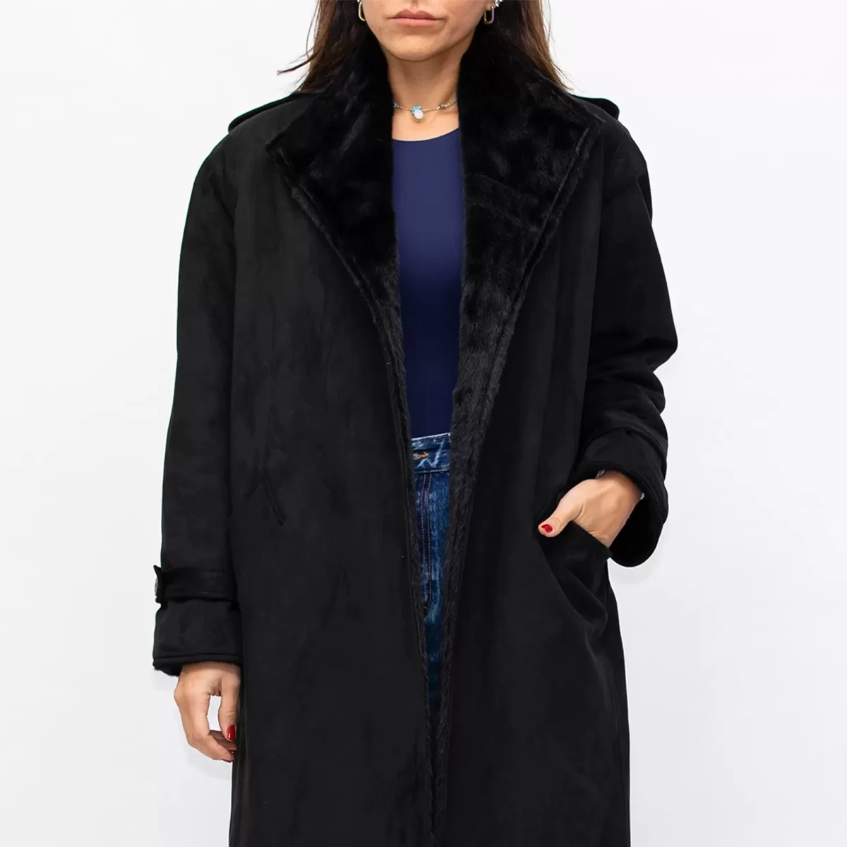 Black Fur Coat Suede with Fur lining Belted Jacket