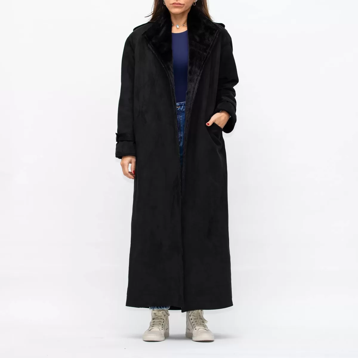 Black Fur Coat Suede with Fur lining Belted Jacket