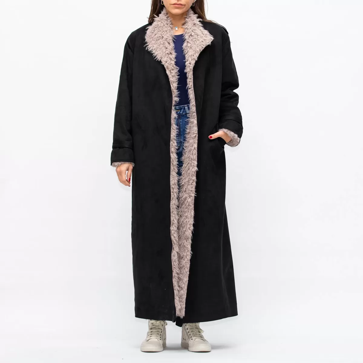 Black/Brown Fur Coat Suede with Fur lining Belted Jacket