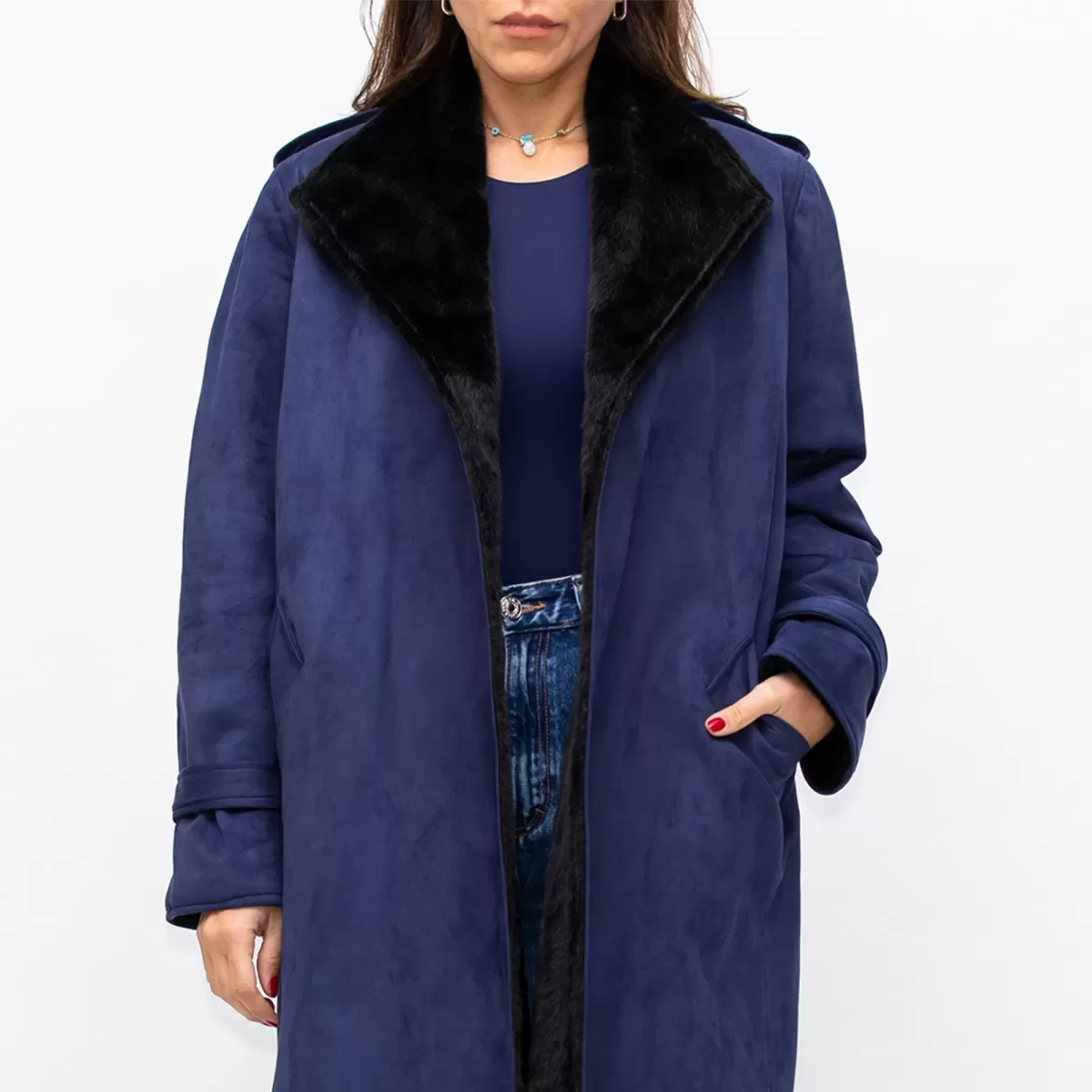 Navy Blue Fur Coat Suede with Fur lining Belted Jacket