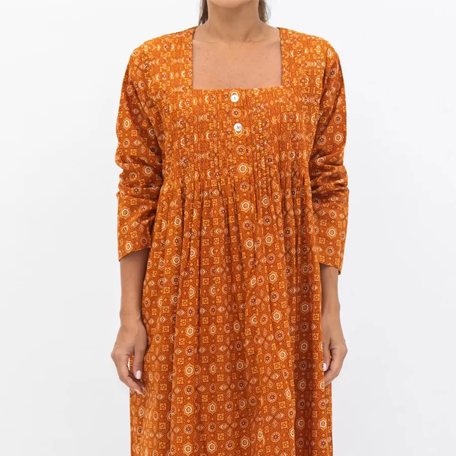 Cinnamon Brown Magnolia - Printed Cotton Dress with Pleated Bodice