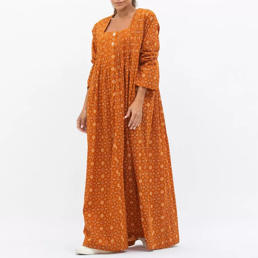 Cinnamon Brown Magnolia - Printed Cotton Dress with Pleated Bodice