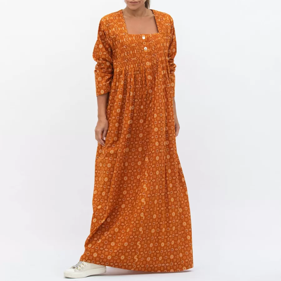 Cinnamon Brown Magnolia - Printed Cotton Dress with Pleated Bodice