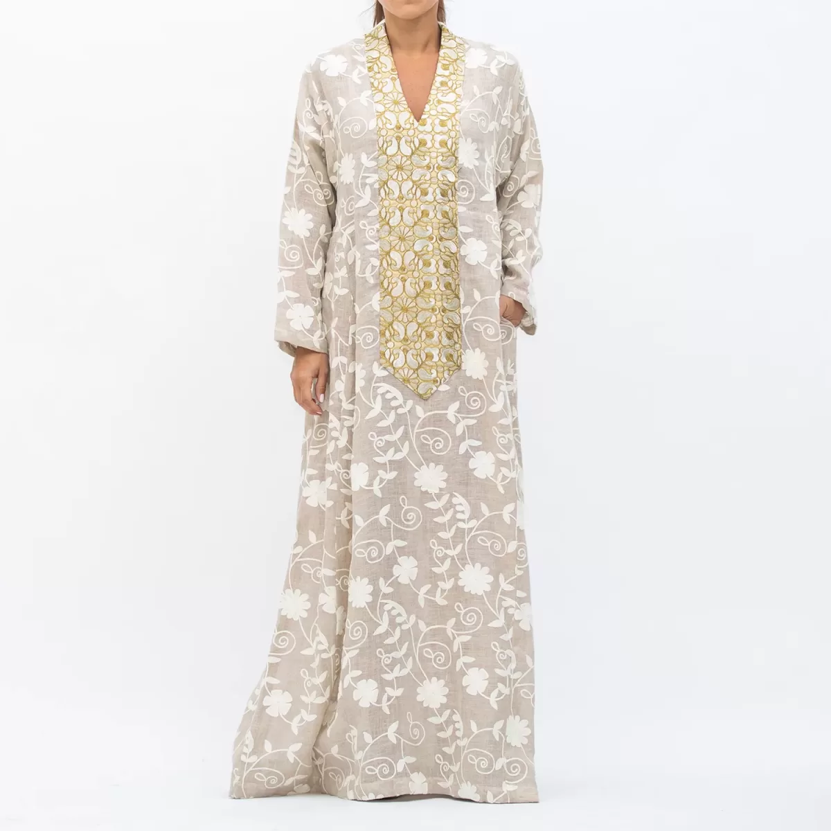 Almond Casablanca Embroidered Linen Dress