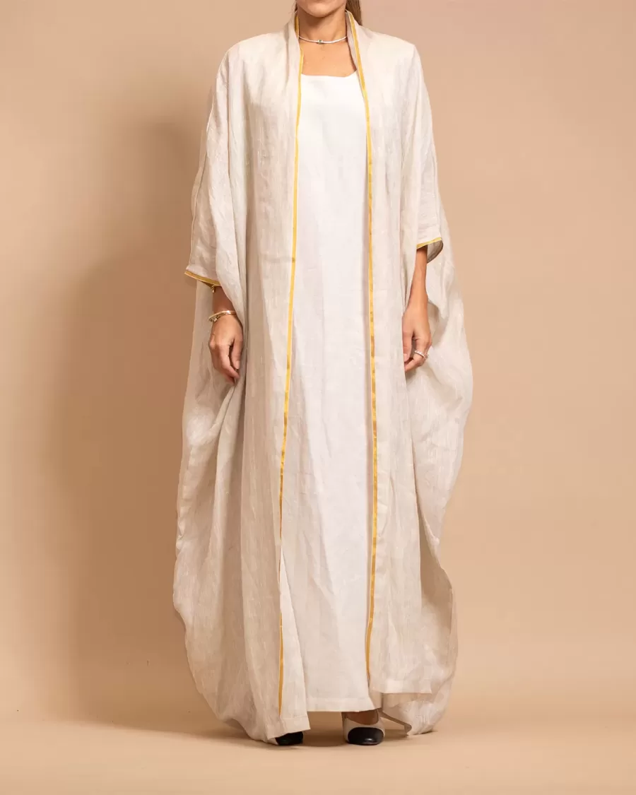 Alabaster Linen Bisht Set - Mesh Linen Classic Abaya with Inner Dress