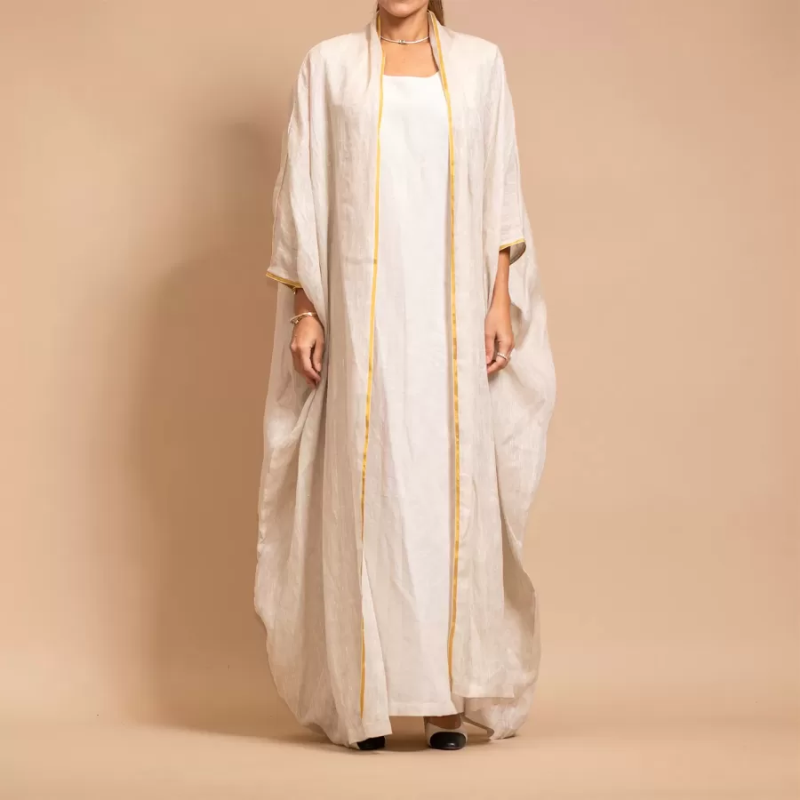 Alabaster Linen Bisht Set - Mesh Linen Classic Abaya with Inner Dress