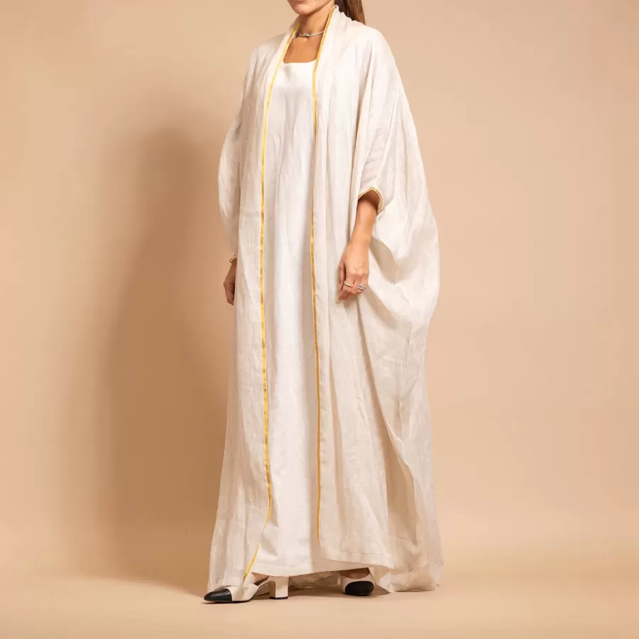 Alabaster Linen Bisht Set - Mesh Linen Classic Abaya with Inner Dress