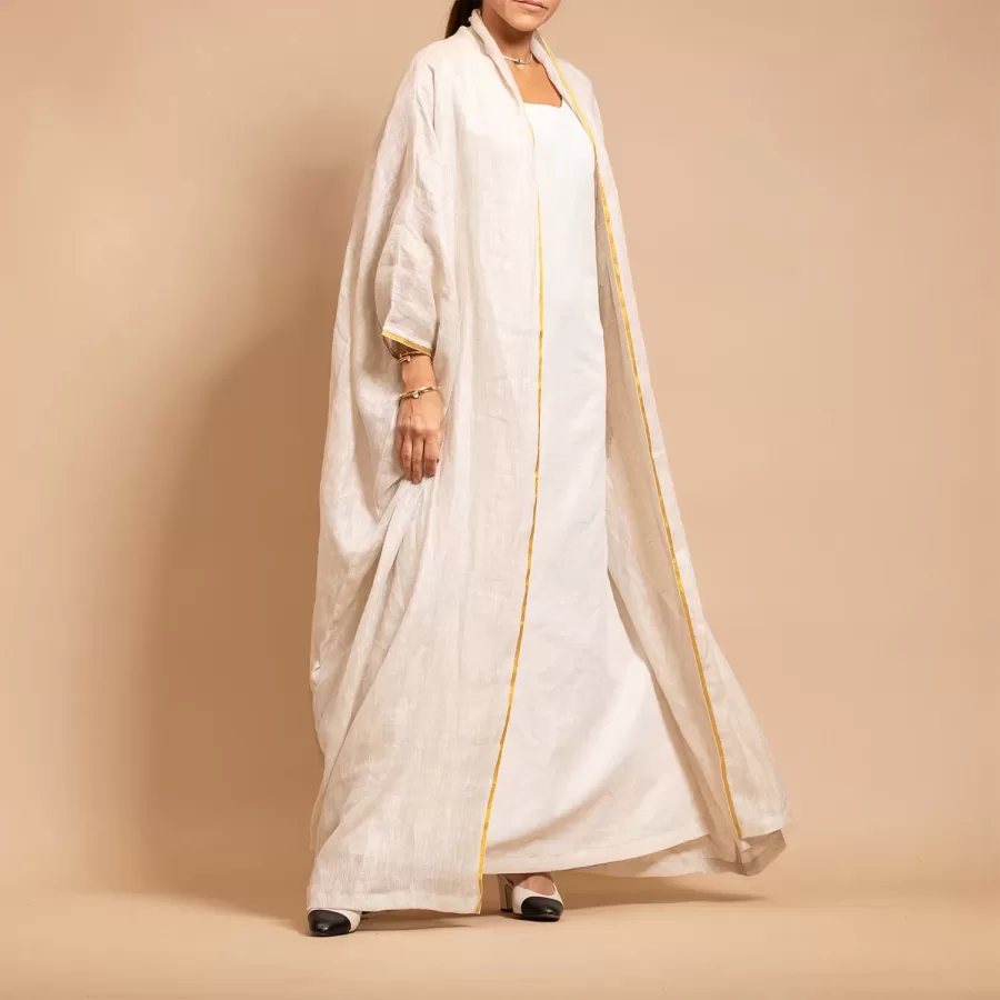 Alabaster Linen Bisht Set - Mesh Linen Classic Abaya with Inner Dress
