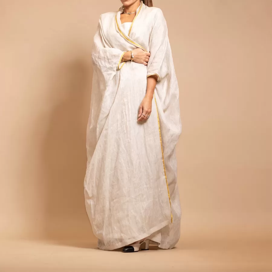 Alabaster Linen Bisht Set - Mesh Linen Classic Abaya with Inner Dress