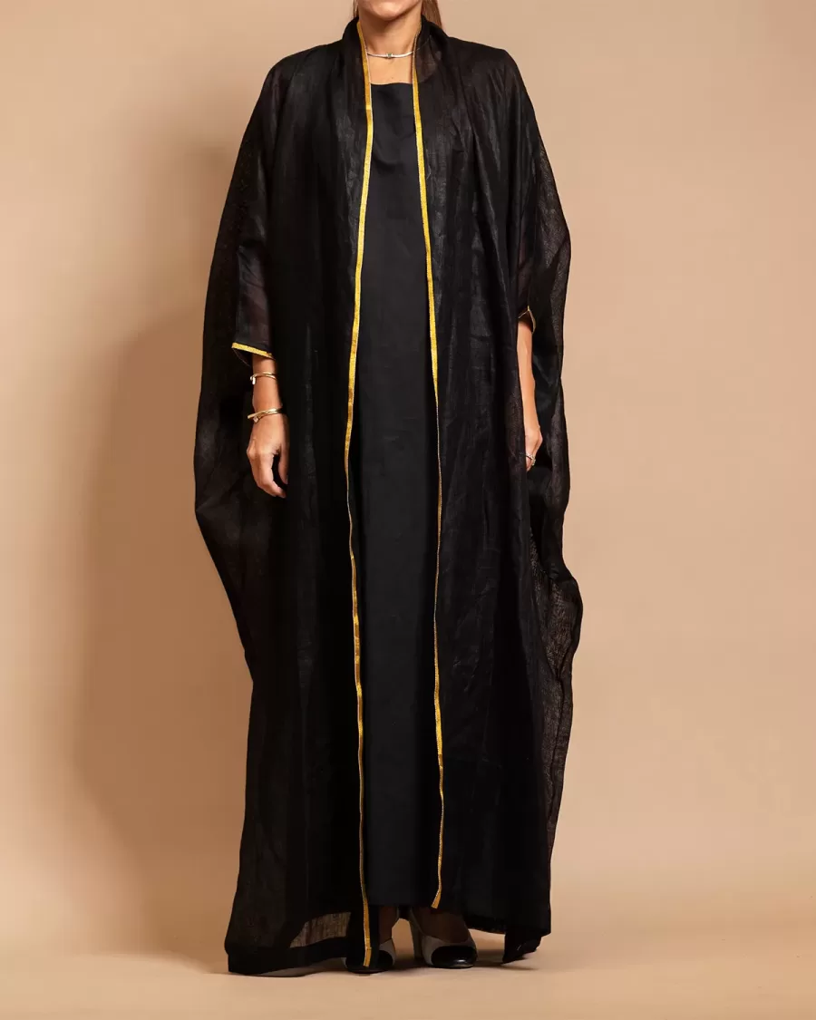 Black Linen Bisht Set - Mesh Linen Classic Abaya with Inner Dress