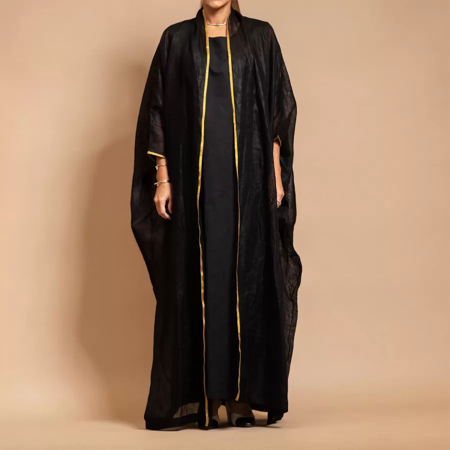 Black Linen Bisht Set - Mesh Linen Classic Abaya with Inner Dress
