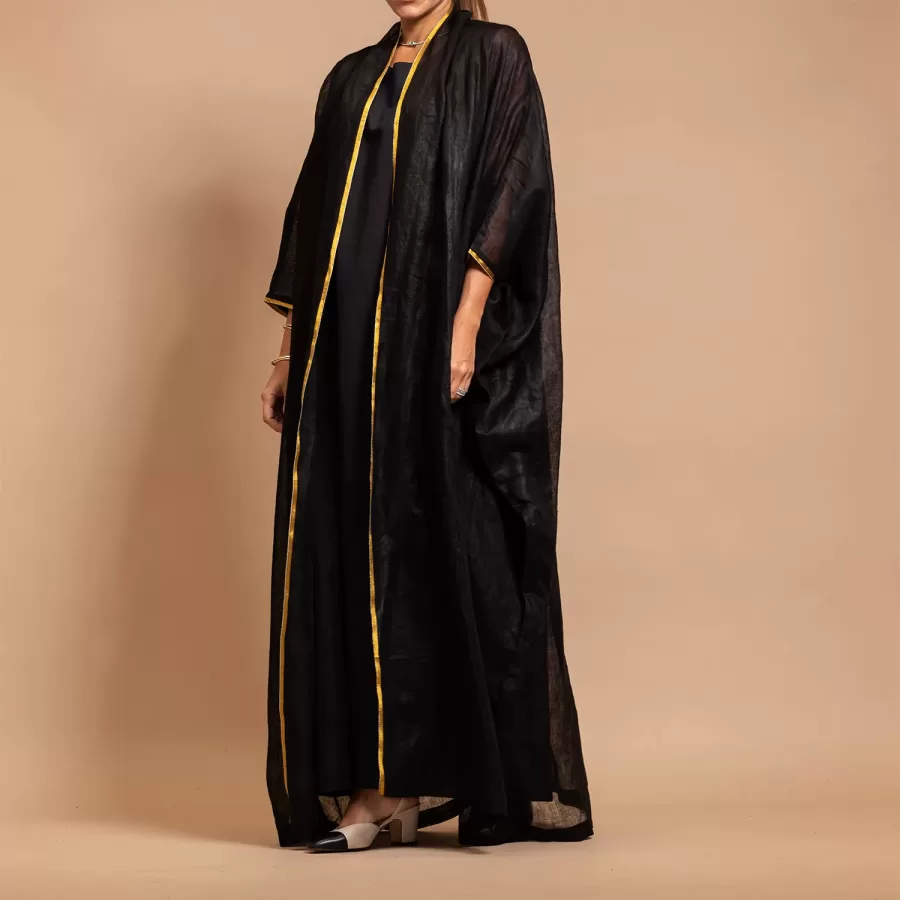 Black Linen Bisht Set - Mesh Linen Classic Abaya with Inner Dress
