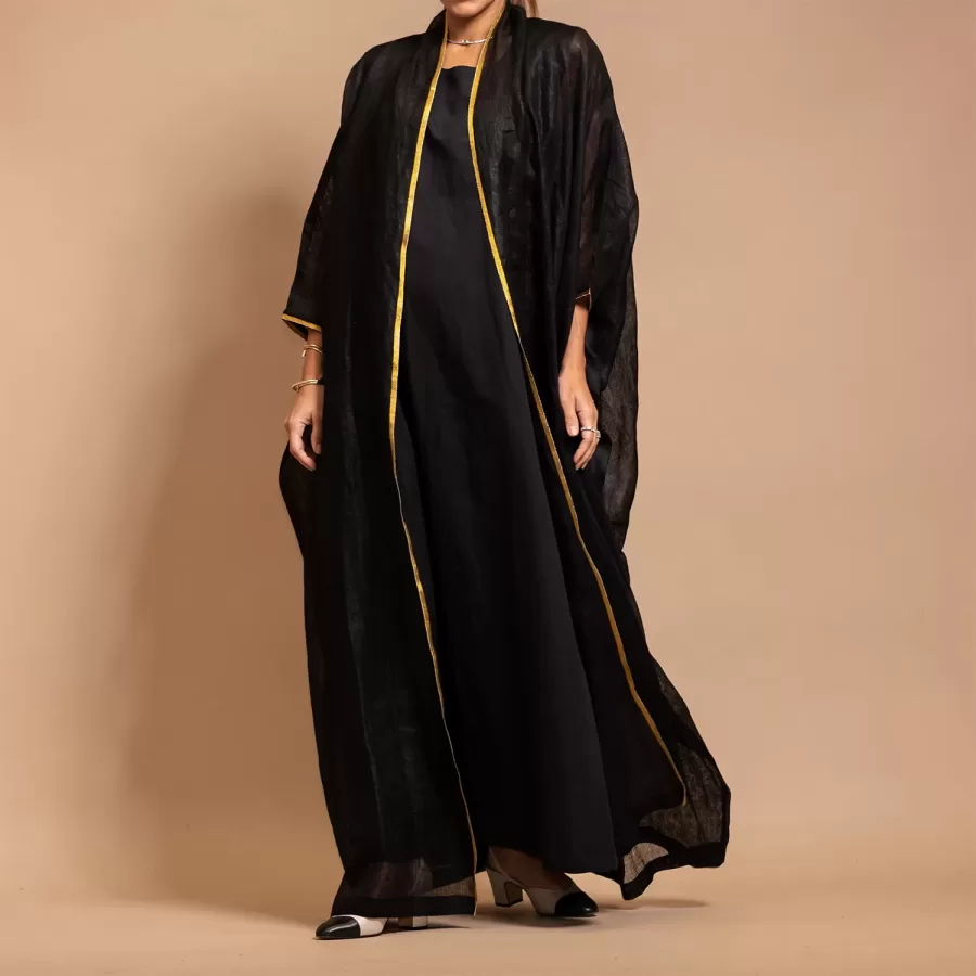 Black Linen Bisht Set - Mesh Linen Classic Abaya with Inner Dress