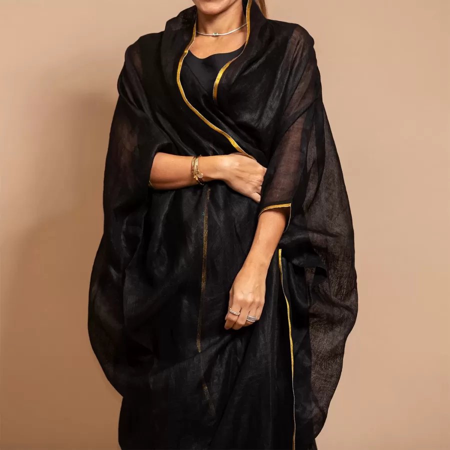 Black Linen Bisht Set - Mesh Linen Classic Abaya with Inner Dress