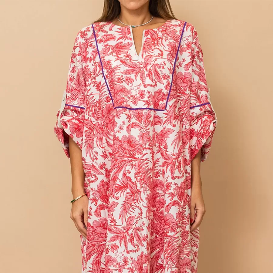 Salma - Floral Cotton Jalabiya with Vibrant Piping - Watermelon Pink