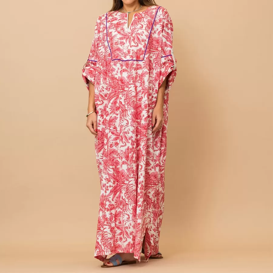 Salma - Floral Cotton Jalabiya with Vibrant Piping - Watermelon Pink