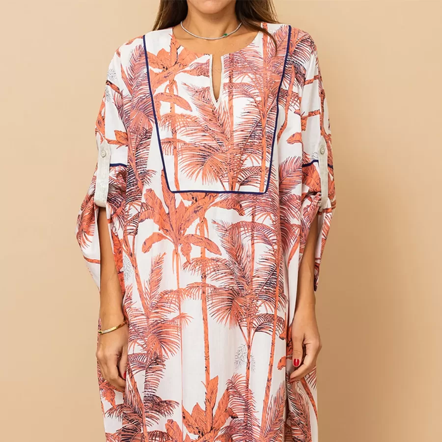Salma - Tropical Cotton Jalabiya with Vibrant Piping - Pink Orange