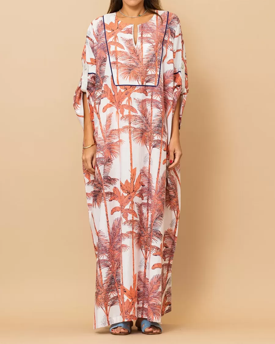 Salma - Tropical Cotton Jalabiya with Vibrant Piping - Pink Orange