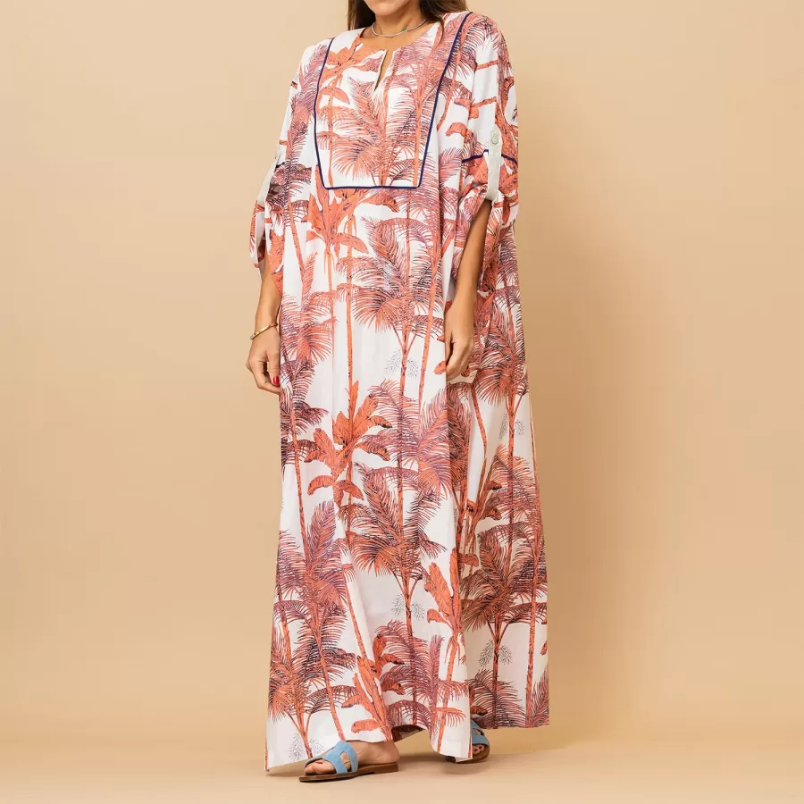 Salma - Tropical Cotton Jalabiya with Vibrant Piping - Pink Orange