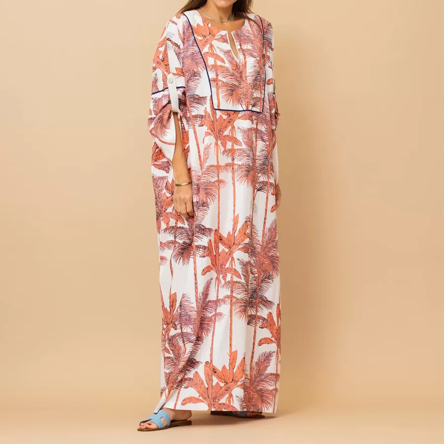 Salma - Tropical Cotton Jalabiya with Vibrant Piping - Pink Orange