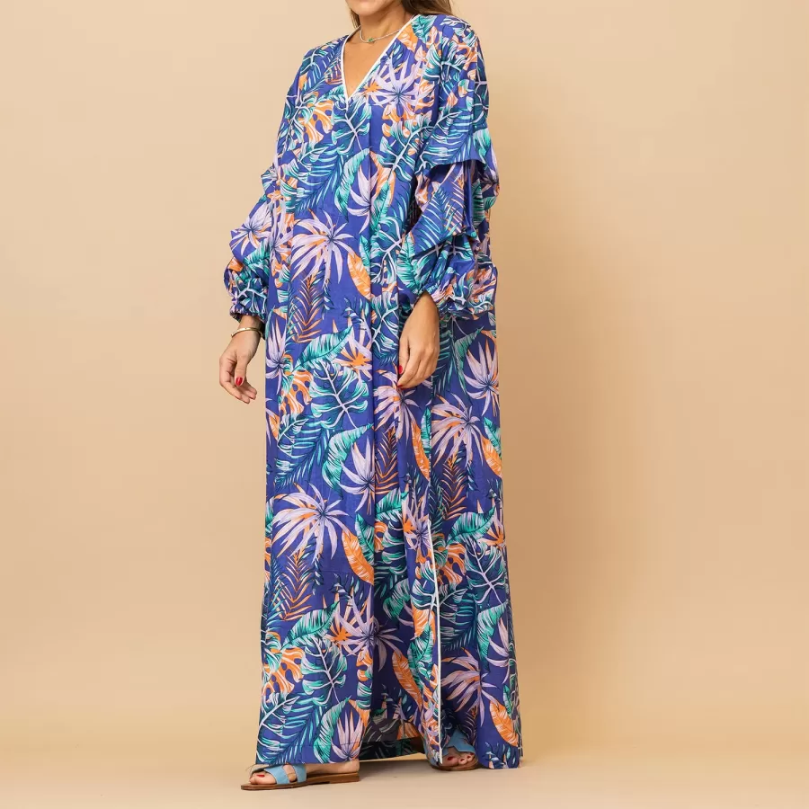 Nouf - Bubble Sleeve Tropical Cotton Iris Purple Jalabiya