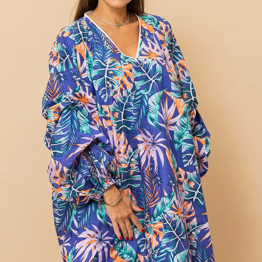 Nouf - Bubble Sleeve Tropical Cotton Iris Purple Jalabiya
