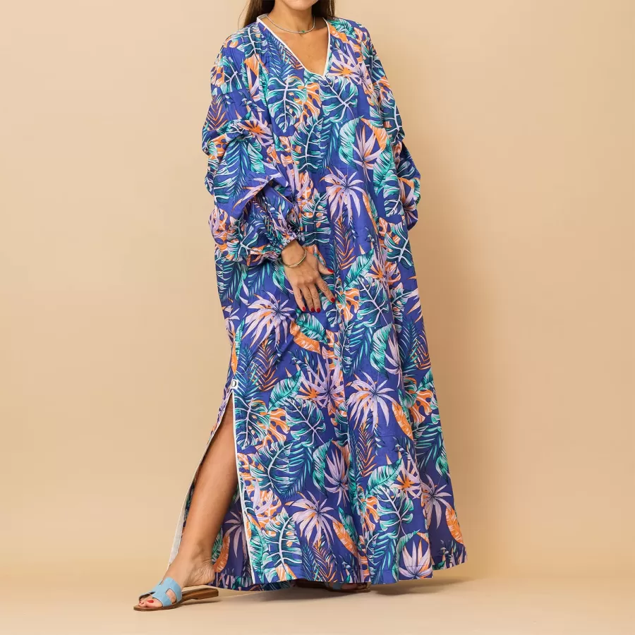 Nouf - Bubble Sleeve Tropical Cotton Iris Purple Jalabiya