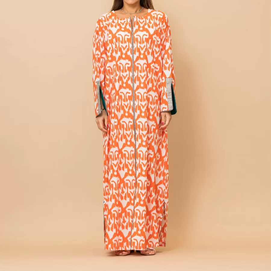Latifa - Ikat Print Cotton Straight Pumpkin Orange Jalabiya