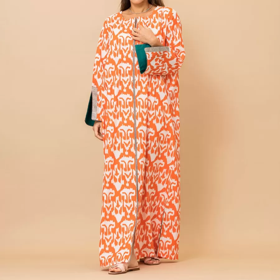 Latifa - Ikat Print Cotton Straight Pumpkin Orange Jalabiya