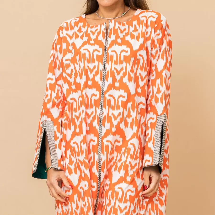 Latifa - Ikat Print Cotton Straight Pumpkin Orange Jalabiya