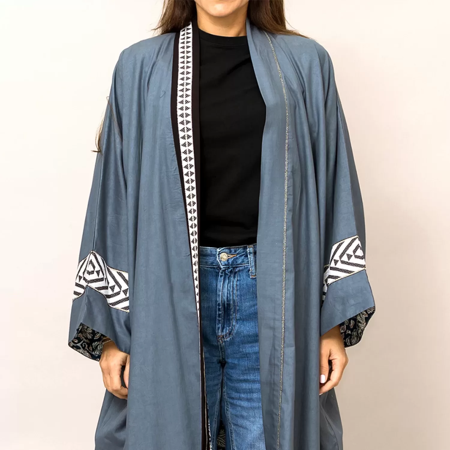 Blue Gray Cosmo Plain and Printed Cotton Reversible Abaya