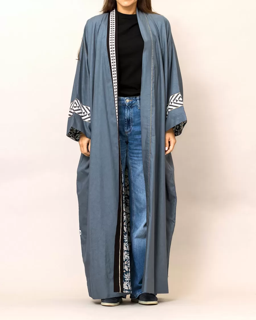 Blue Gray Cosmo Plain and Printed Cotton Reversible Abaya