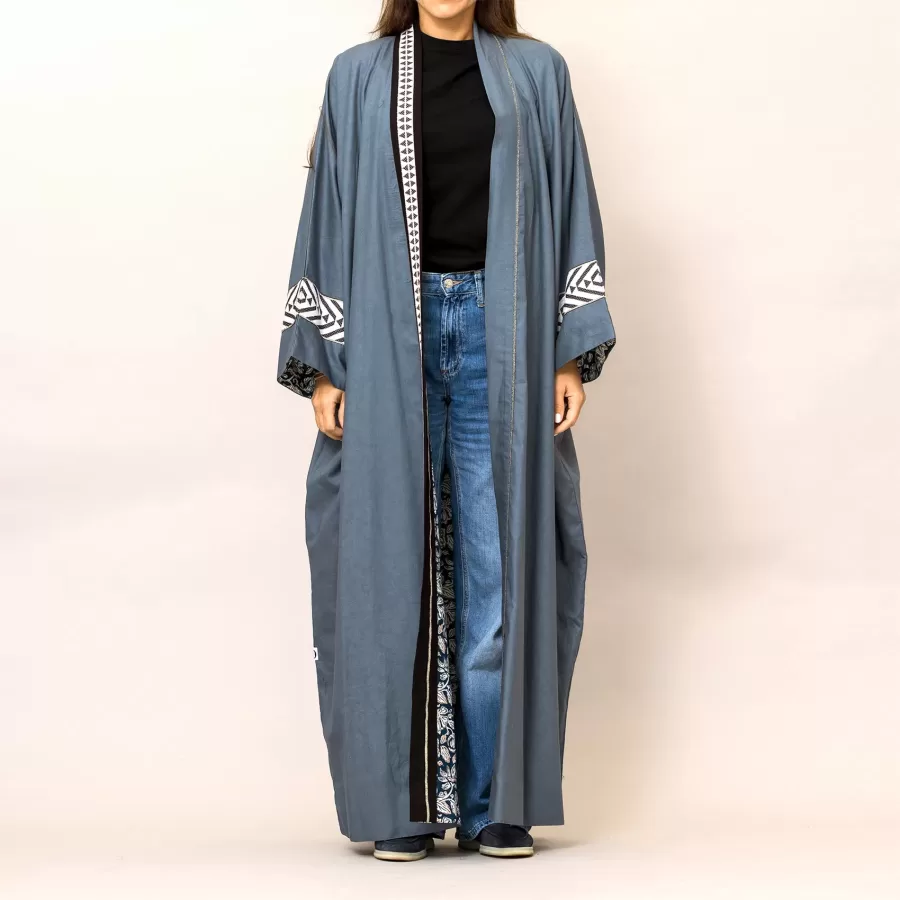 Blue Gray Cosmo Plain and Printed Cotton Reversible Abaya