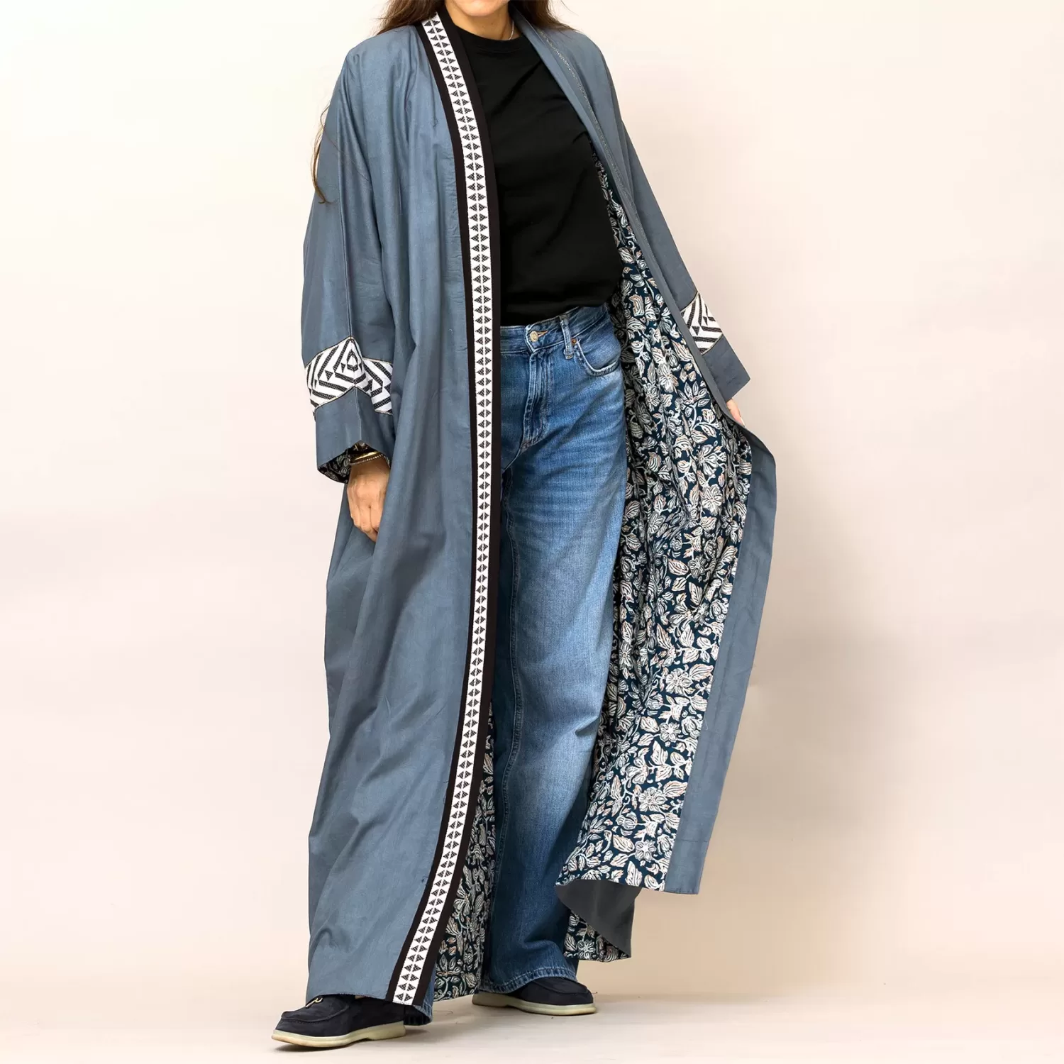 Blue Gray Cosmo Plain and Printed Cotton Reversible Abaya