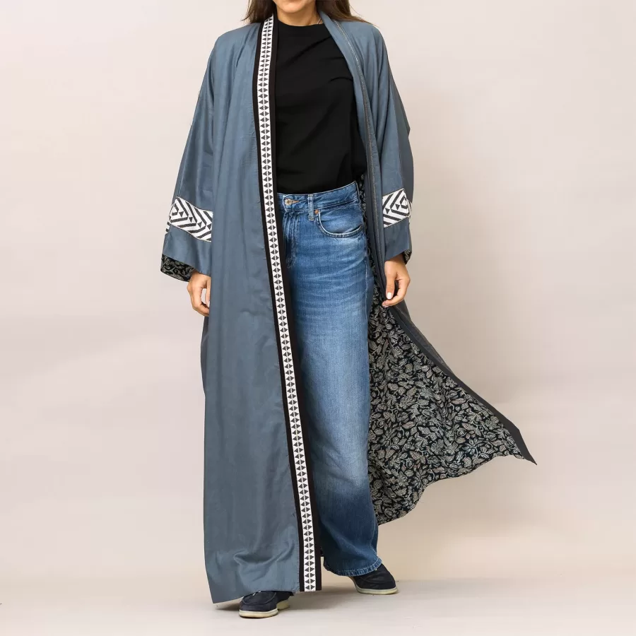 Blue Gray Cosmo Plain and Printed Cotton Reversible Abaya